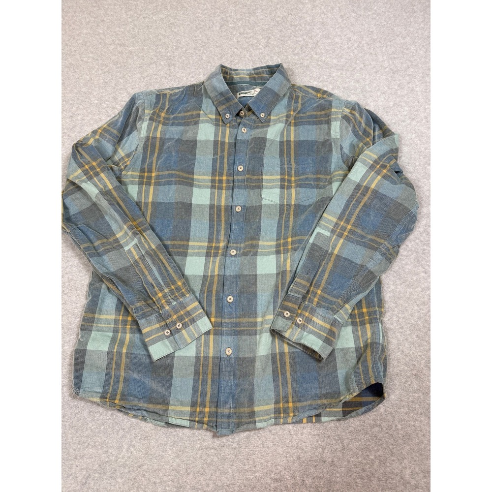 Wellen Mens Organic Cotton Corduroy Plaid Button Down Shirt Blue Yellow Large